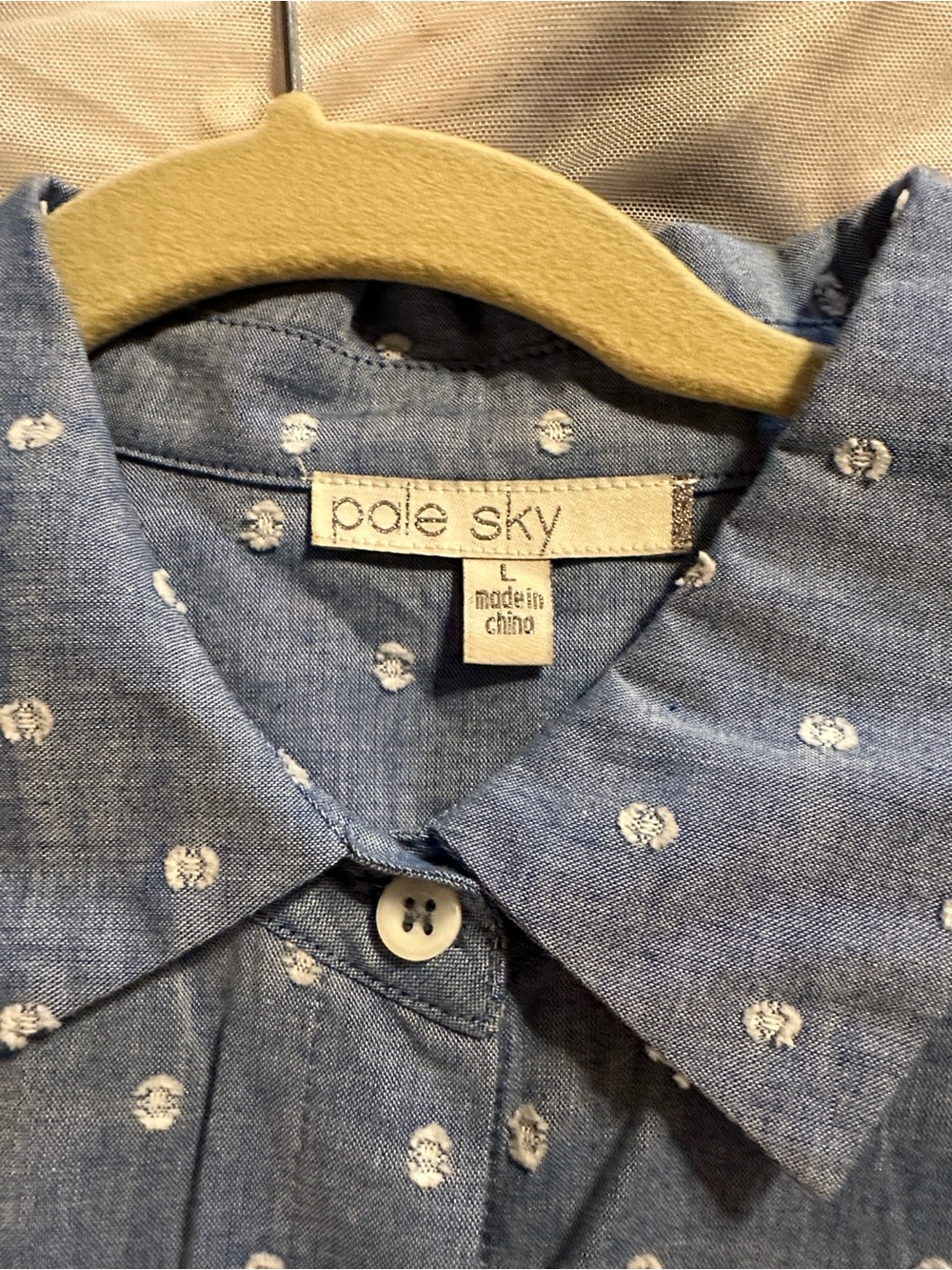 Pale Sky Light Blue Chambray Button-Down Shirt with White Dot Embroidery